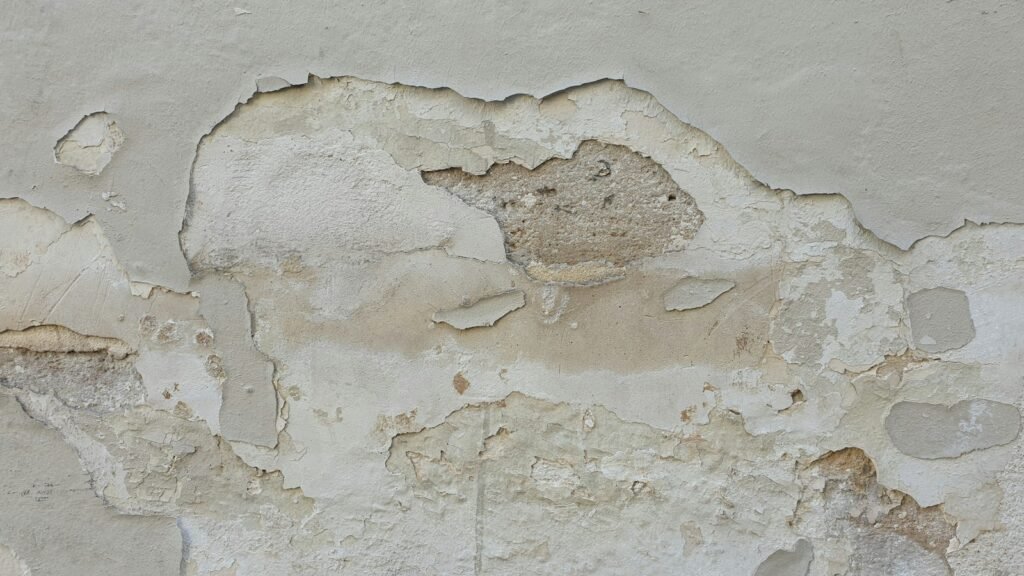 Enduit décollé et dépôts blancs au bas d’un mur